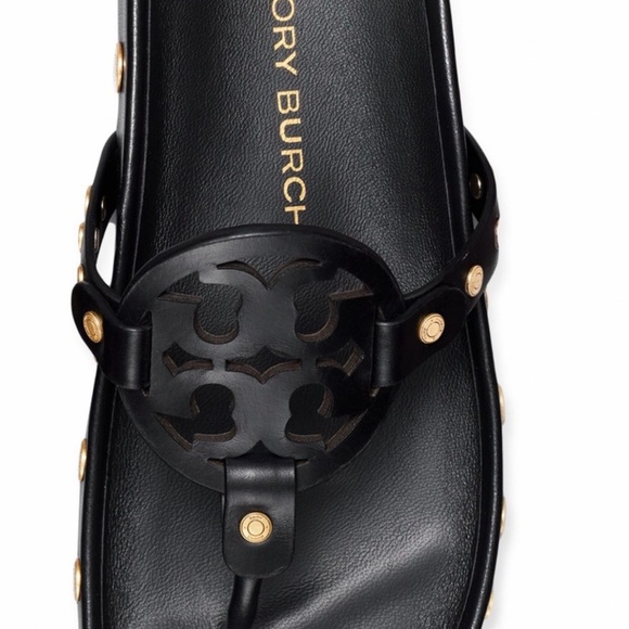 NWT Tory Burch Miller Cloud  Gold Coin Thong Sandals Perfect Black Size 11 M - Picture 9 of 13